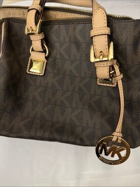 Michael Kors Brown Logo Shoulder Bag with Beige Trim and Gold Hardware